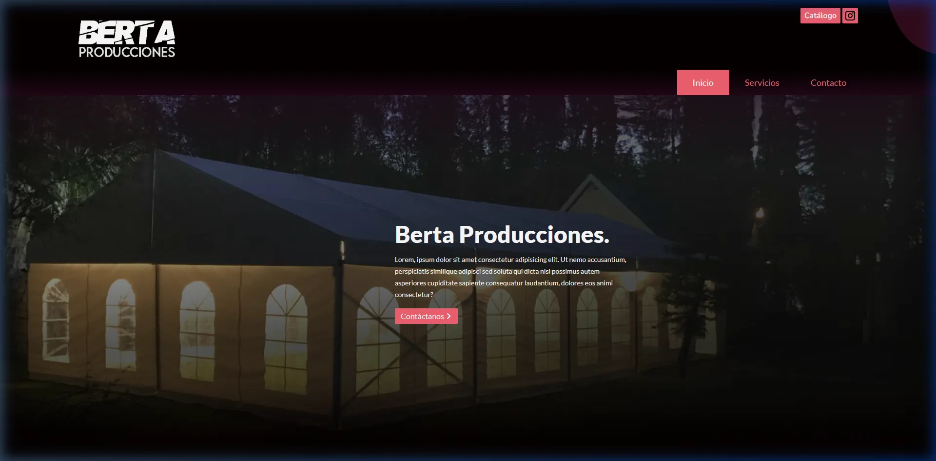 Hero de Berta Producciones con tipografía e imagen nocturna.