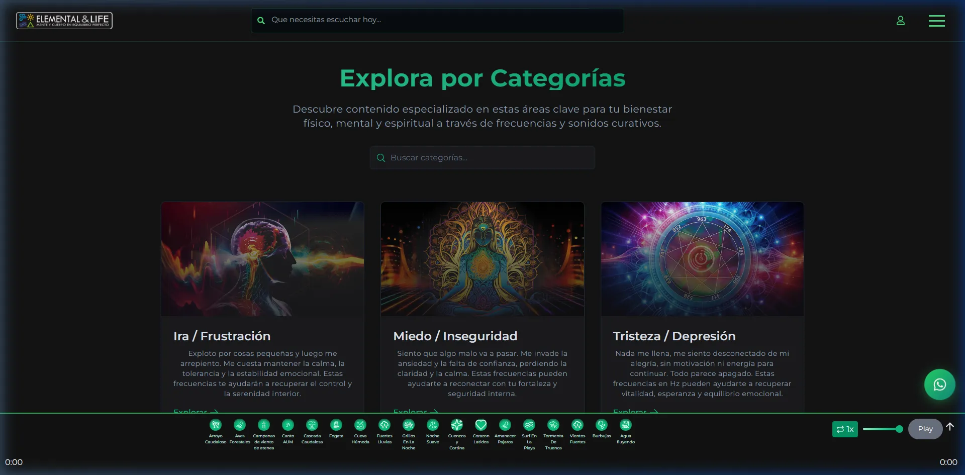 Categorías de sanación y audios disponibles.