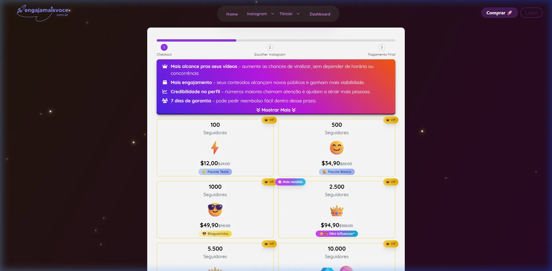 Paso 1 del checkout — selección del paquete.