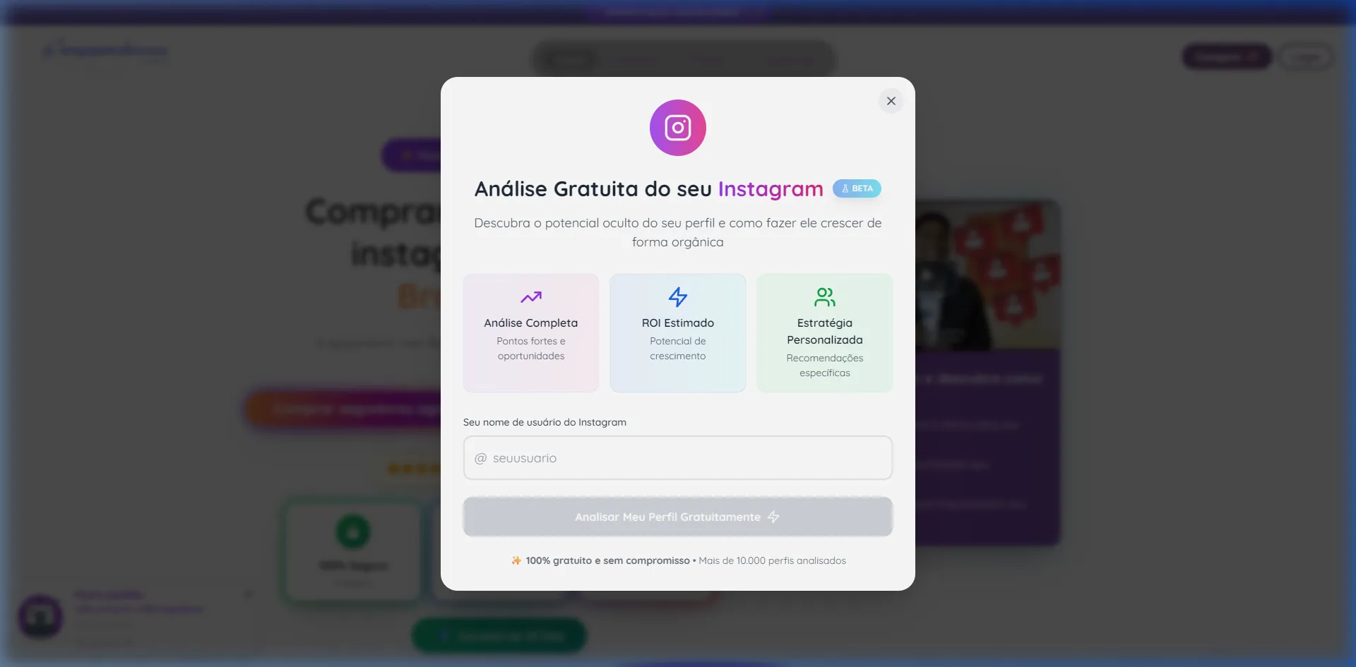 Modal del análisis de Instagram con IA (DeepSeek).