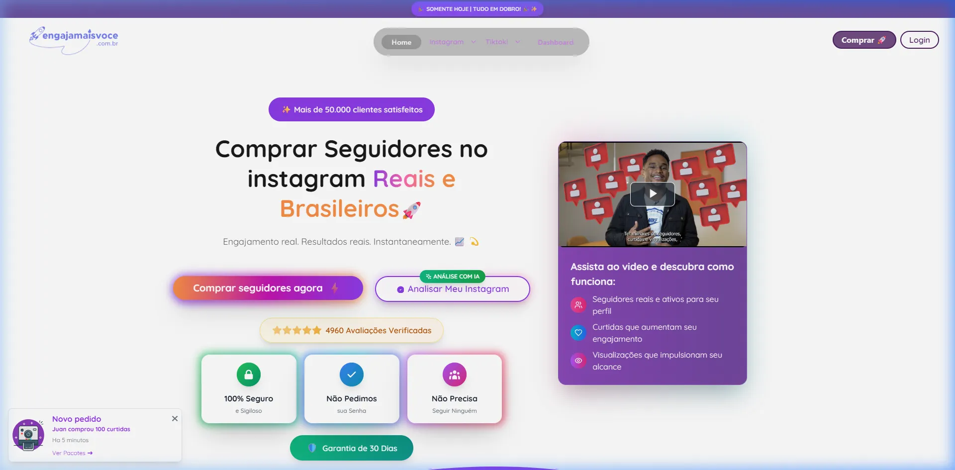 Landing principal de EngajaMaisVoce con la propuesta "comprar seguidores reales".