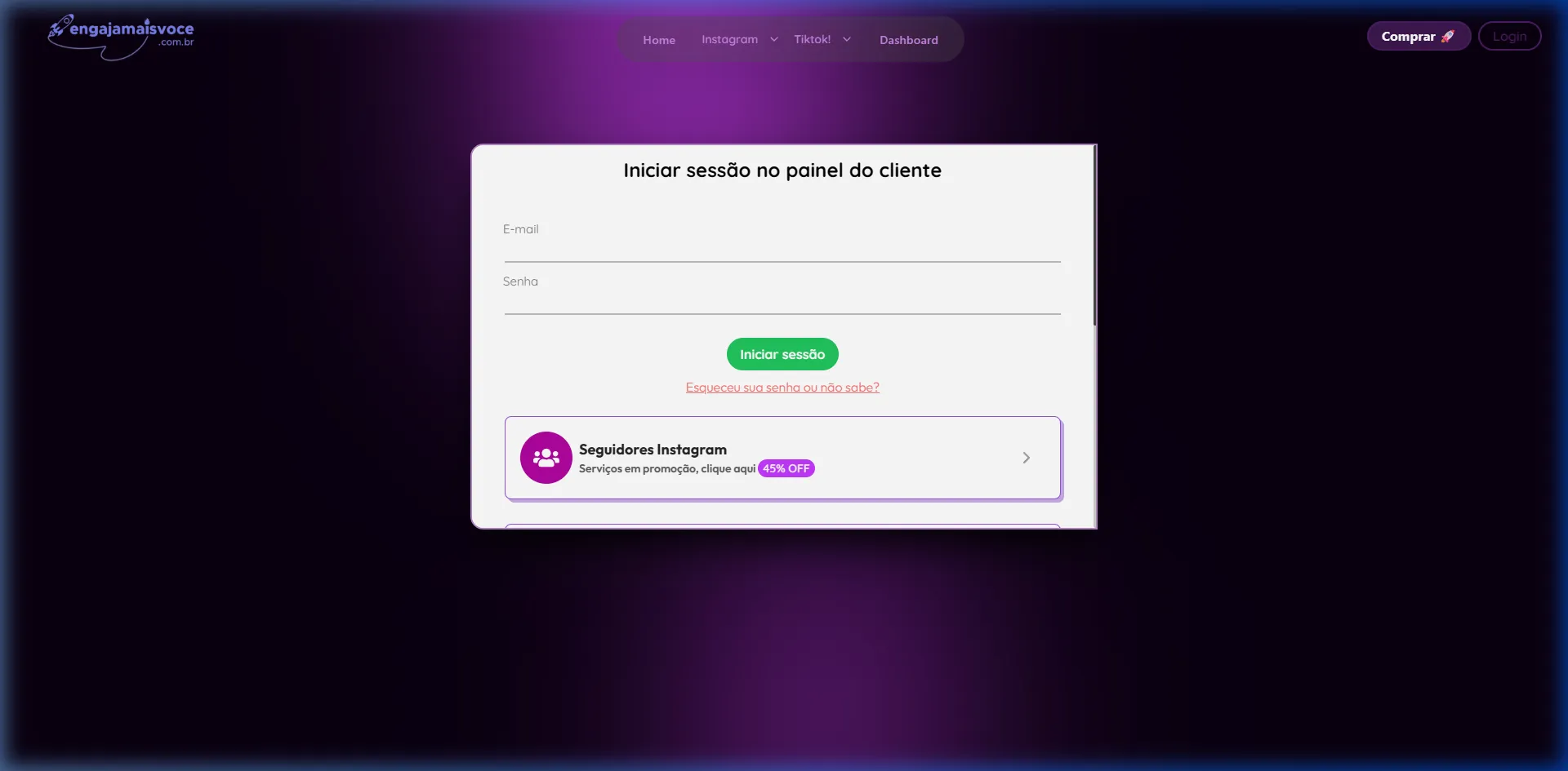 Pantalla de login del panel de usuario.