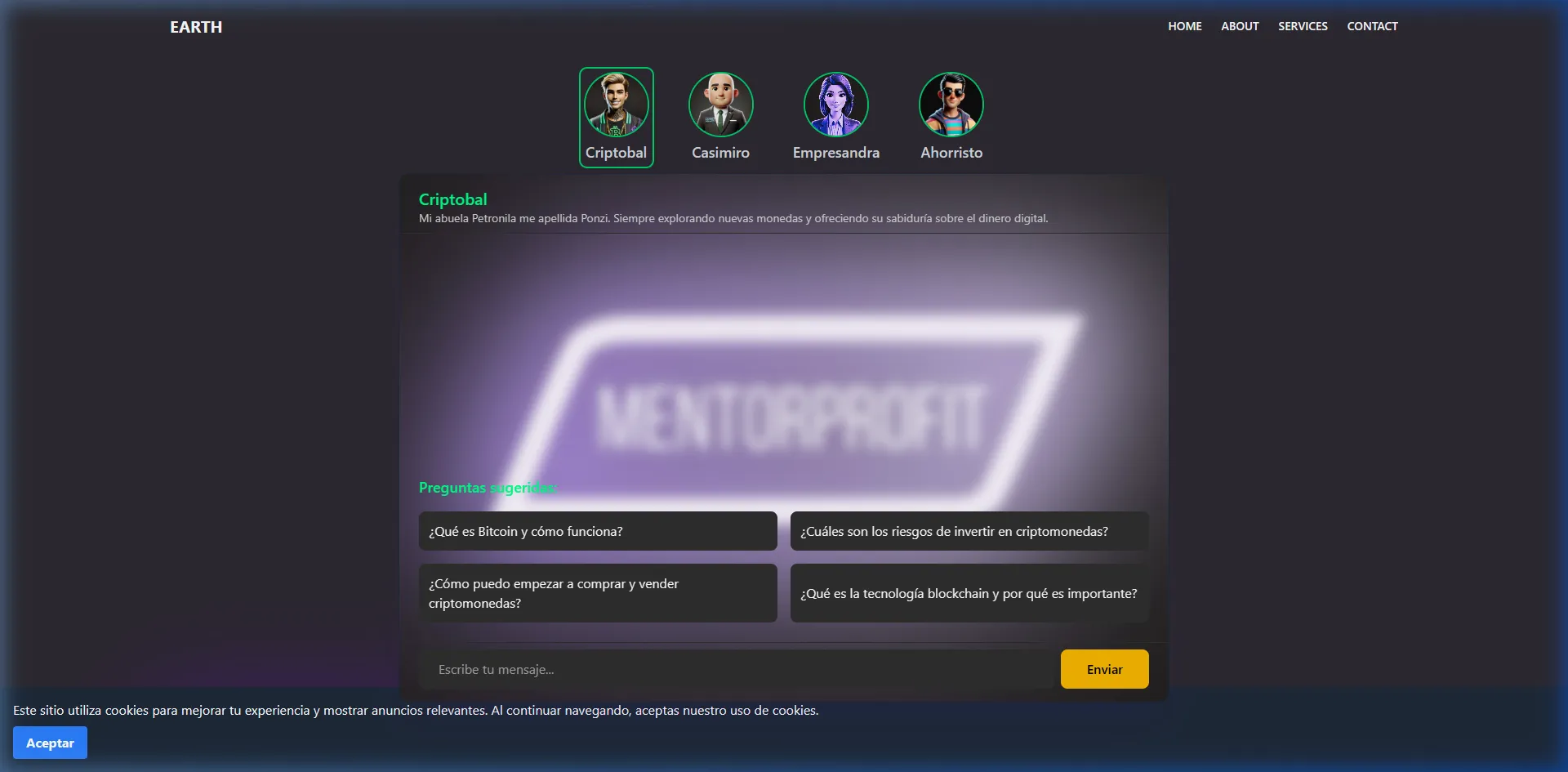 Chat activo con Criptobal mostrando selector y preguntas sugeridas.