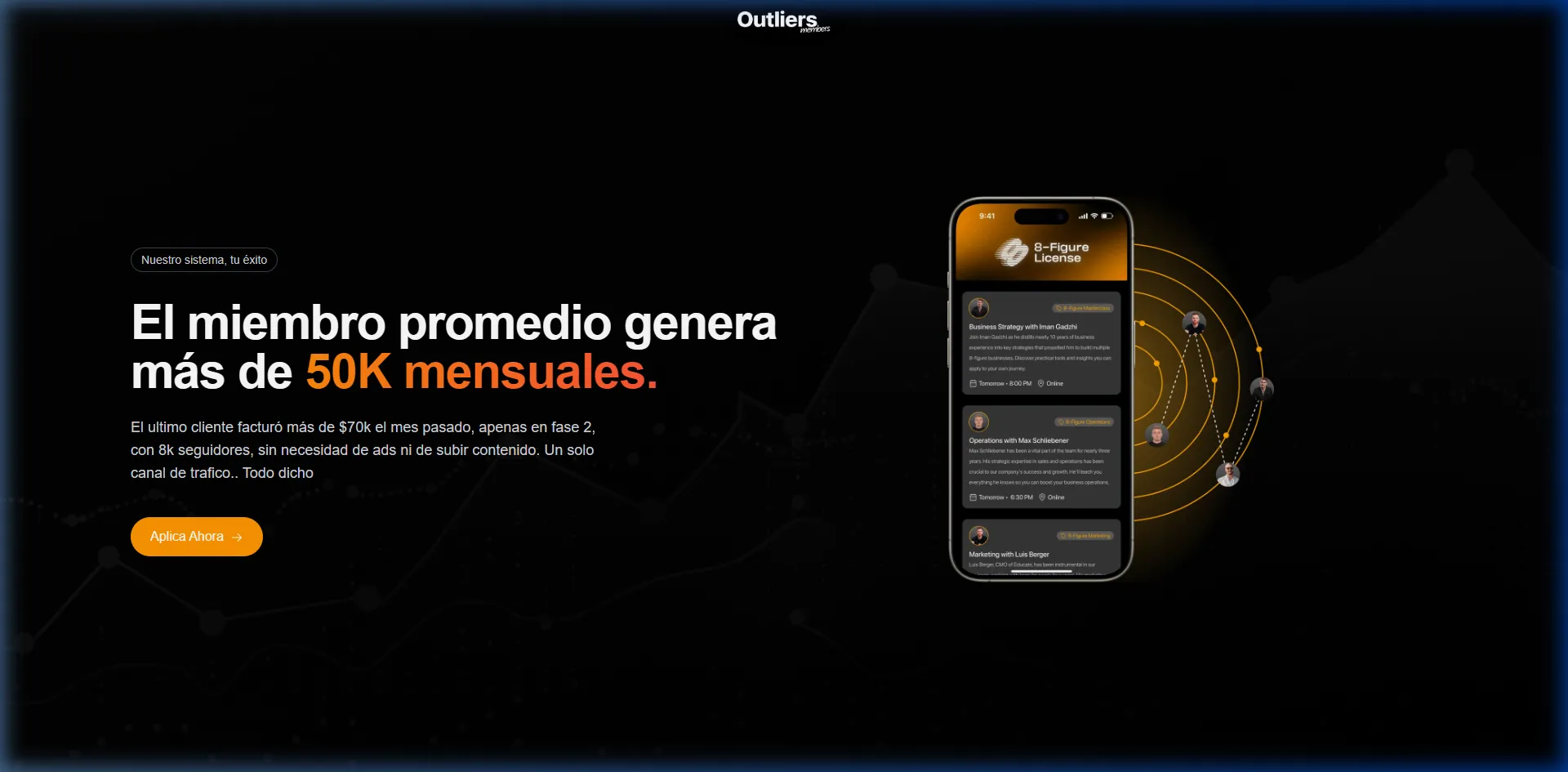 Landing premium con iPhone mockup y copy de membresía.